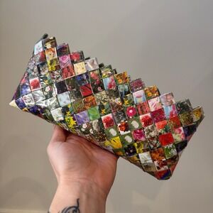 Nahui Ollin Woven Clutch Bag Floral Print Recycled Paper Zipper Y2K Style